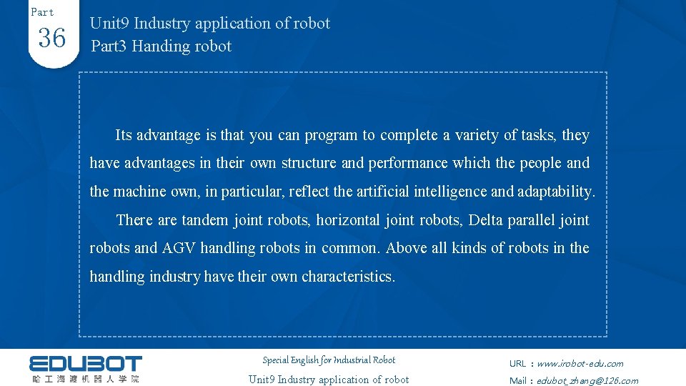 Part 36 Unit 9 Industry application of robot Part 3 Handing robot Its advantage