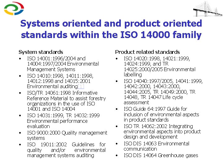 Systems oriented and product oriented standards within the ISO 14000 family System standards •