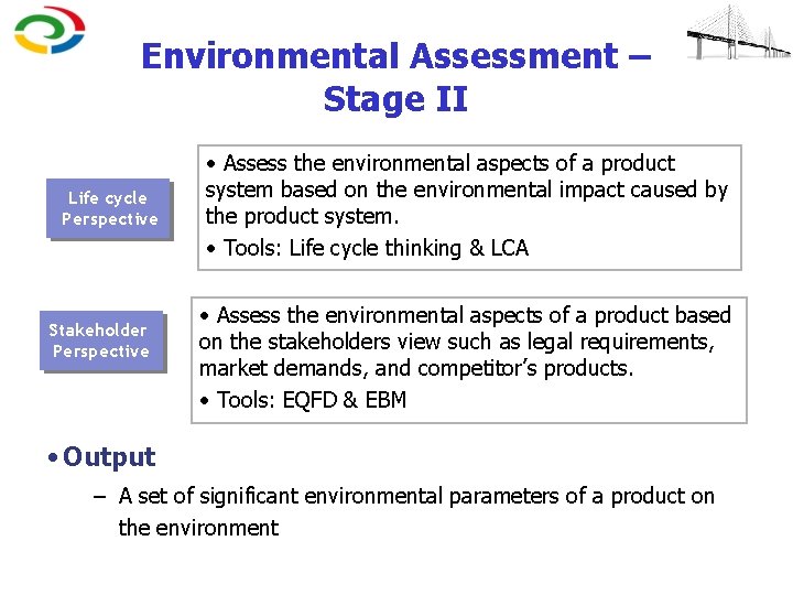 Environmental Assessment – Stage II Life cycle Perspective Stakeholder Perspective • Assess the environmental