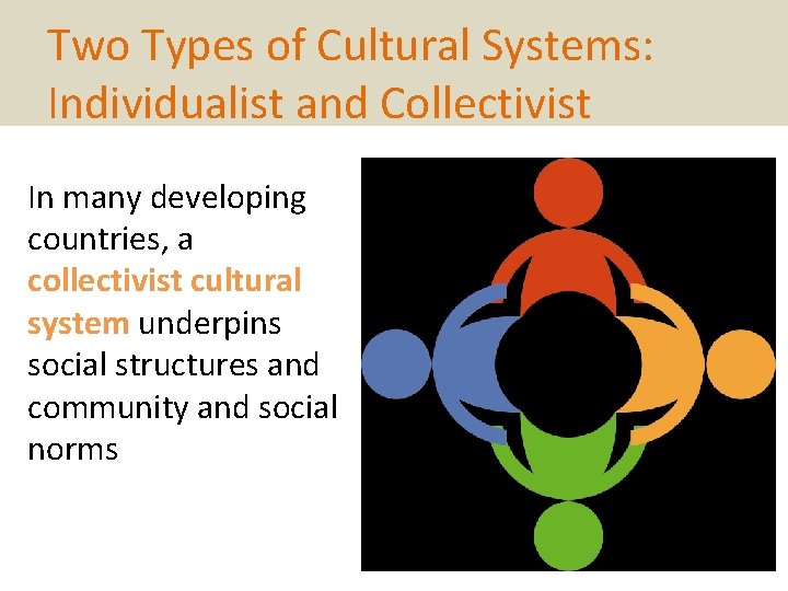 Two Types of Cultural Systems: Individualist and Collectivist In many developing countries, a collectivist