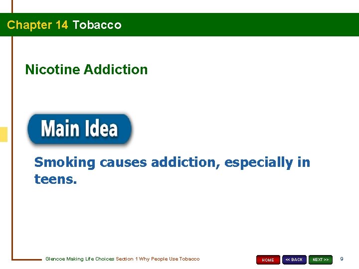 Chapter 14 Tobacco Nicotine Addiction Smoking causes addiction, especially in teens. Glencoe Making Life