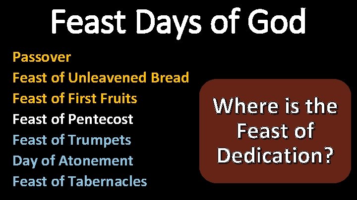 Feast Days of God Passover Feast of Unleavened Bread Feast of First Fruits Feast