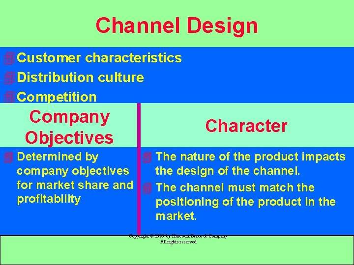 Channel Design 4 Customer characteristics 4 Distribution culture 4 Competition Company Objectives Character 4