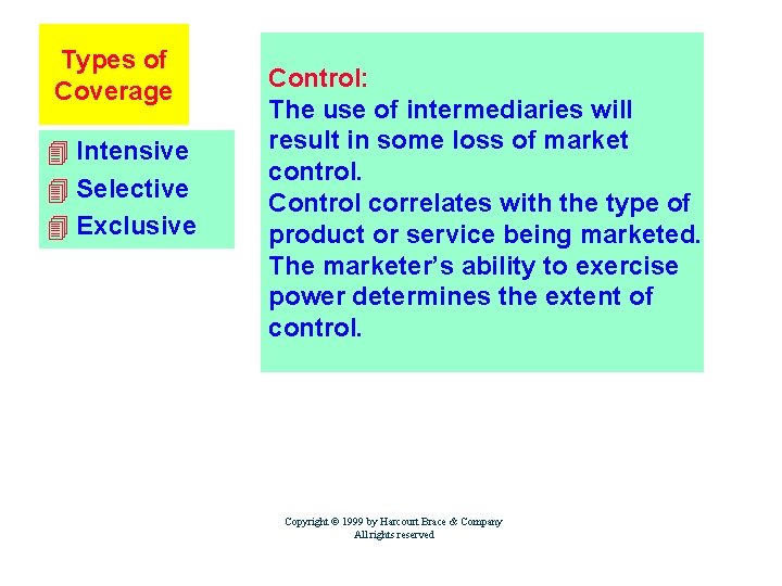 Types of Coverage 4 Intensive 4 Selective 4 Exclusive Control: The use of intermediaries