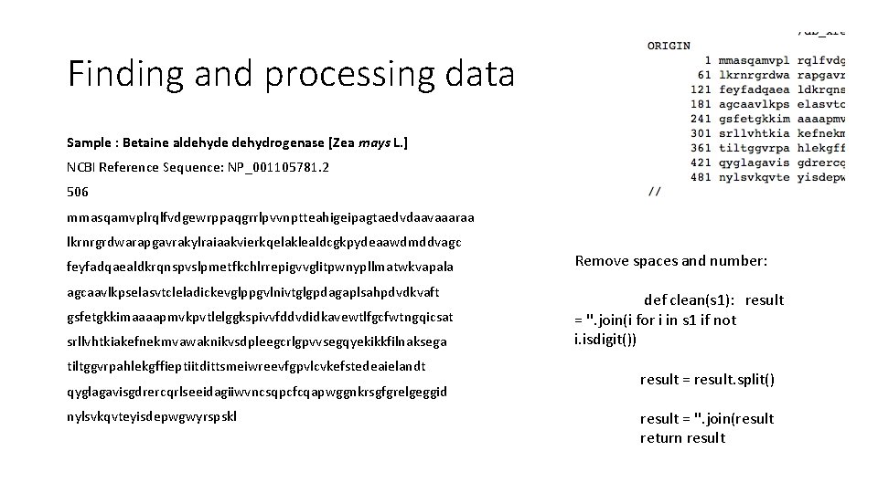 Finding and processing data Sample : Betaine aldehyde dehydrogenase [Zea mays L. ] NCBI