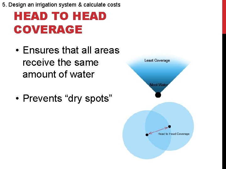 5. Design an irrigation system & calculate costs HEAD TO HEAD COVERAGE • Ensures
