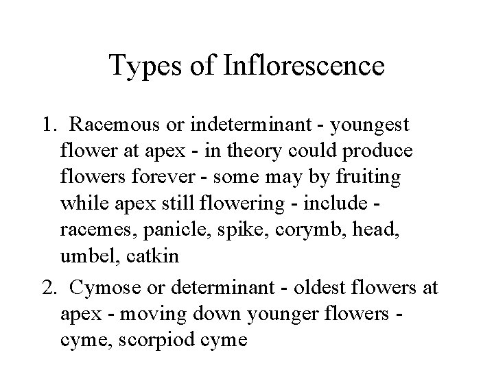 Types of Inflorescence 1. Racemous or indeterminant - youngest flower at apex - in