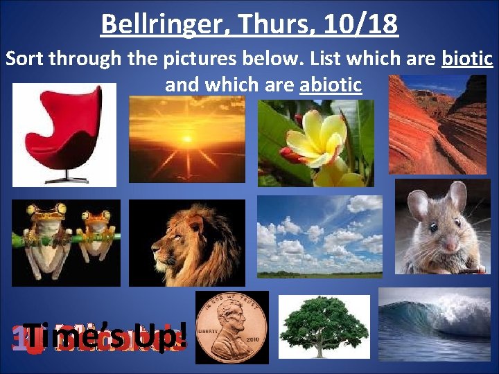 Bellringer, Thurs, 10/18 Sort through the pictures below. List which are biotic and which