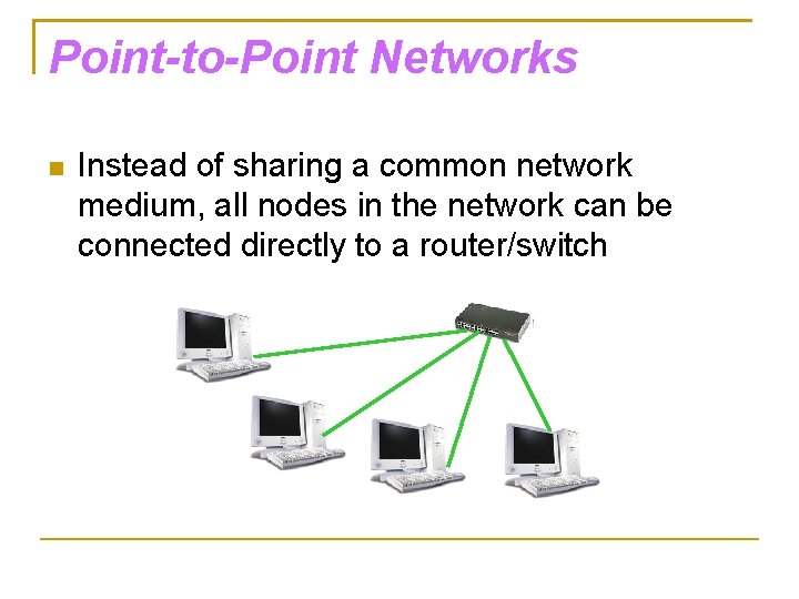 Point-to-Point Networks Instead of sharing a common network medium, all nodes in the network