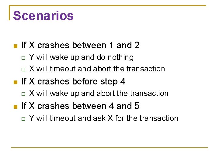 Scenarios If X crashes between 1 and 2 If X crashes before step 4