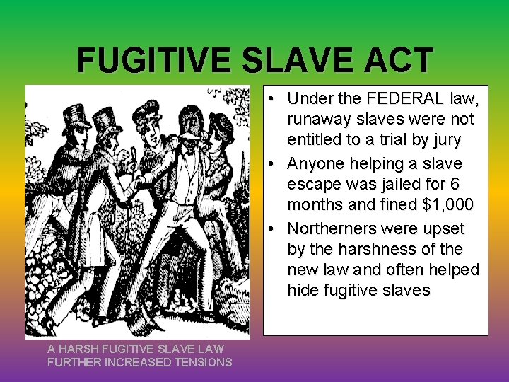 FUGITIVE SLAVE ACT • Under the FEDERAL law, runaway slaves were not entitled to