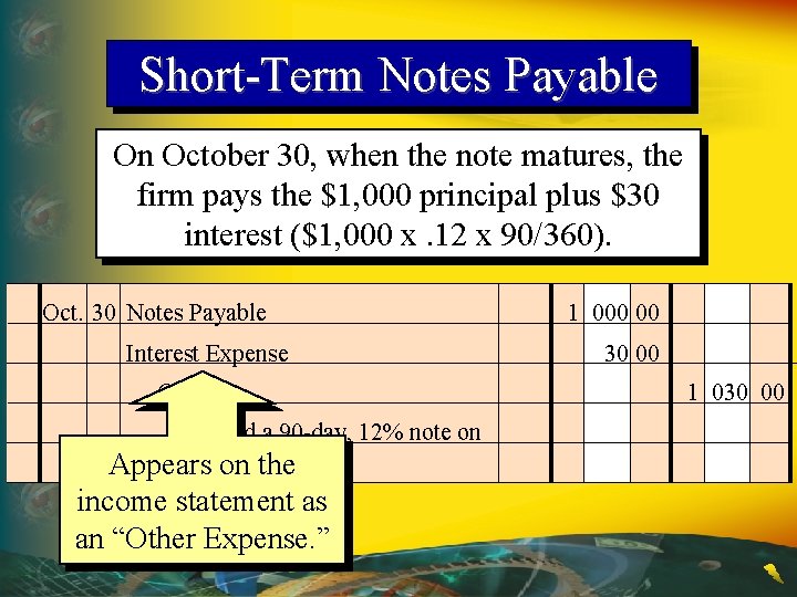 Short-Term Notes Payable On October 30, when the note matures, the firm pays the