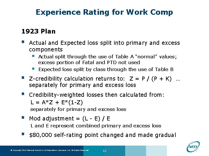 Experience Rating for Work Comp 1923 Plan § Actual and Expected loss split into