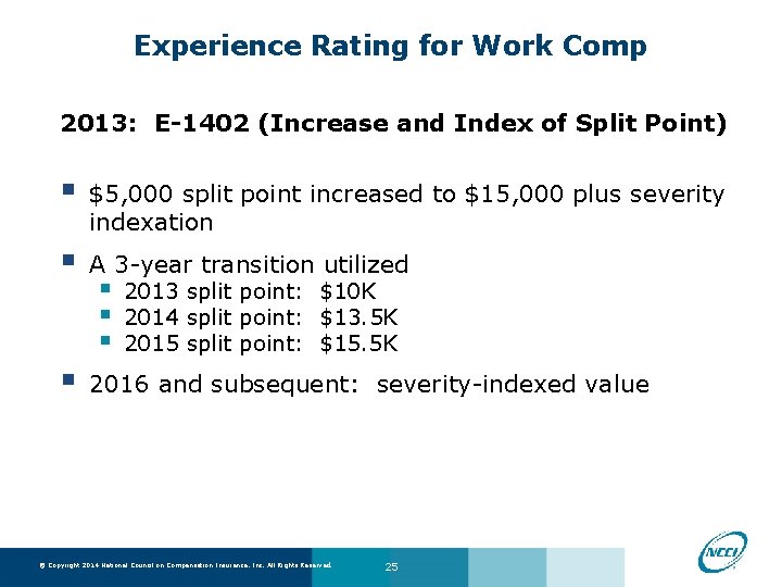 Experience Rating for Work Comp 2013: E-1402 (Increase and Index of Split Point) §