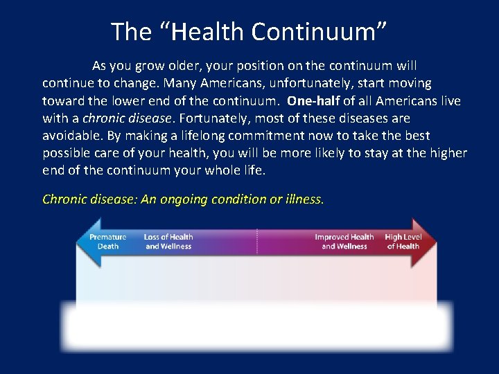 The “Health Continuum” As you grow older, your position on the continuum will continue