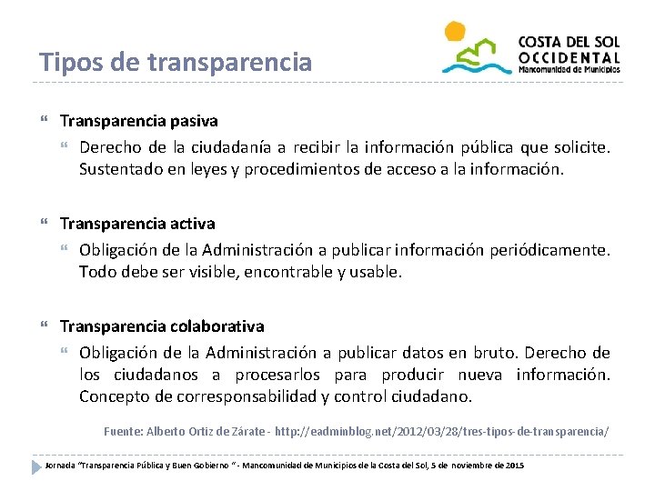 Tipos de transparencia Transparencia pasiva Derecho de la ciudadanía a recibir la información pública