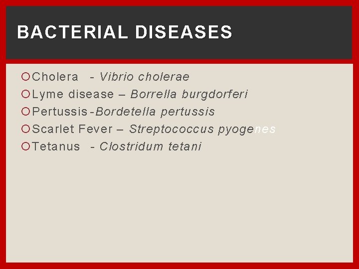 BACTERIAL DISEASES Cholera - Vibrio cholerae Lyme disease – Borrella burgdorferi Pertussis -Bordetella pertussis