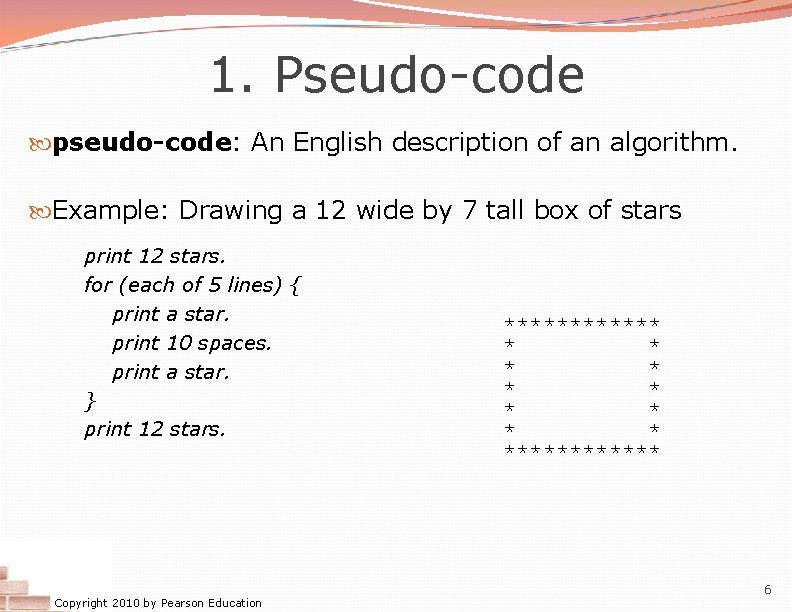1. Pseudo-code pseudo-code: An English description of an algorithm. Example: Drawing a 12 wide