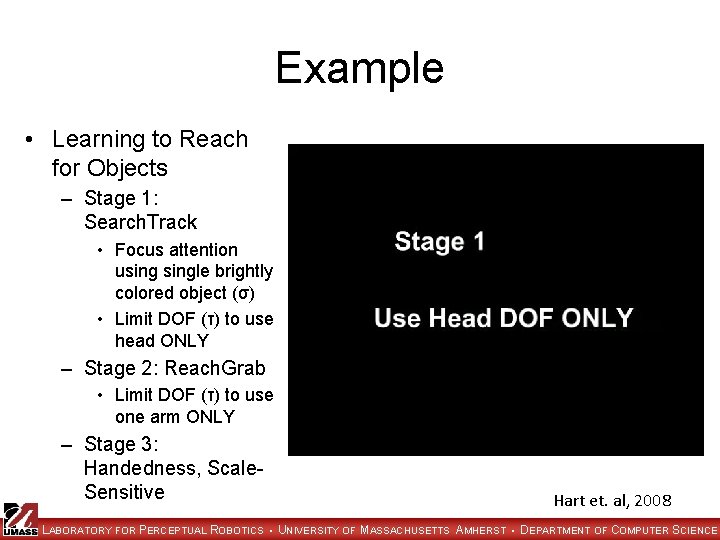 Example • Learning to Reach for Objects – Stage 1: Search. Track • Focus