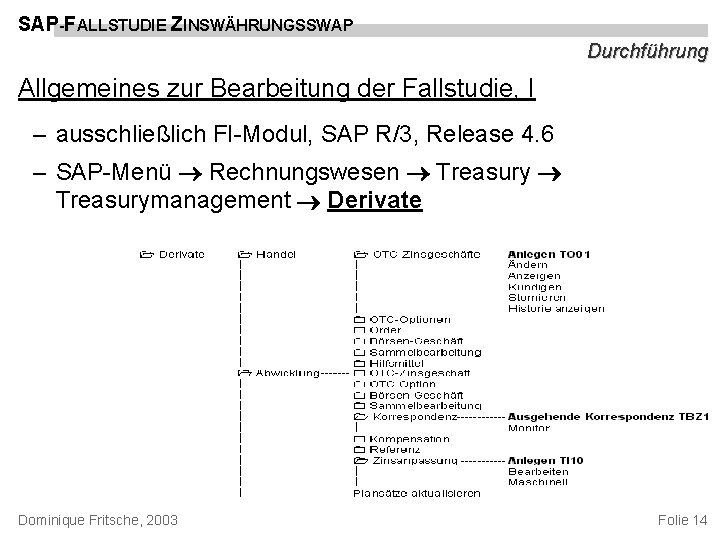 SAP-FALLSTUDIE ZINSWÄHRUNGSSWAP Durchführung Allgemeines zur Bearbeitung der Fallstudie, I – ausschließlich FI-Modul, SAP R/3,