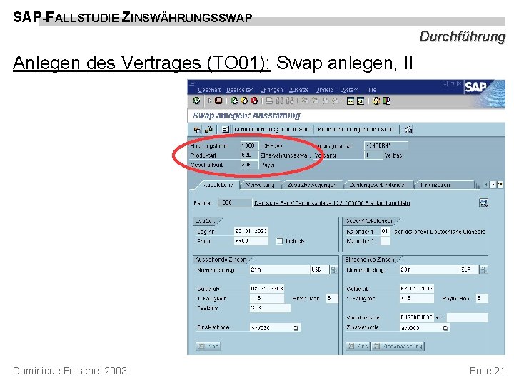 SAP-FALLSTUDIE ZINSWÄHRUNGSSWAP Durchführung Anlegen des Vertrages (TO 01): Swap anlegen, II Dominique Fritsche, 2003