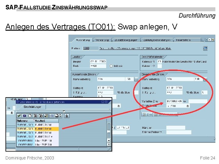 SAP-FALLSTUDIE ZINSWÄHRUNGSSWAP Durchführung Anlegen des Vertrages (TO 01): Swap anlegen, V Dominique Fritsche, 2003