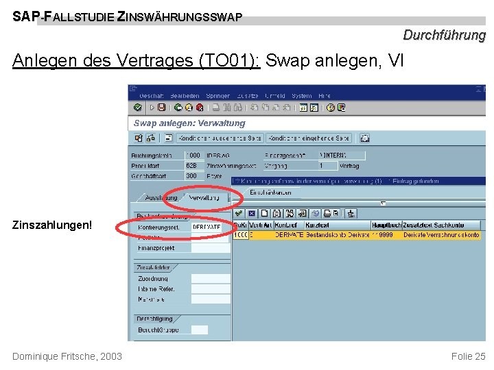 SAP-FALLSTUDIE ZINSWÄHRUNGSSWAP Durchführung Anlegen des Vertrages (TO 01): Swap anlegen, VI Zinszahlungen! Dominique Fritsche,