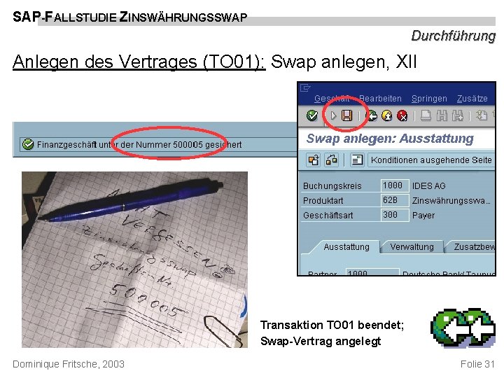 SAP-FALLSTUDIE ZINSWÄHRUNGSSWAP Durchführung Anlegen des Vertrages (TO 01): Swap anlegen, XII Transaktion TO 01