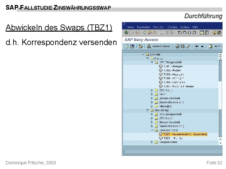 SAP-FALLSTUDIE ZINSWÄHRUNGSSWAP Durchführung Abwickeln des Swaps (TBZ 1) d. h. Korrespondenz versenden Dominique Fritsche,