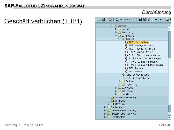 SAP-FALLSTUDIE ZINSWÄHRUNGSSWAP Durchführung Geschäft verbuchen (TBB 1) Dominique Fritsche, 2003 Folie 40 