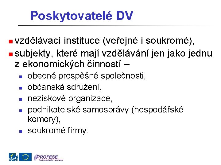 Poskytovatelé DV vzdělávací instituce (veřejné i soukromé), n subjekty, které mají vzdělávání jen jako