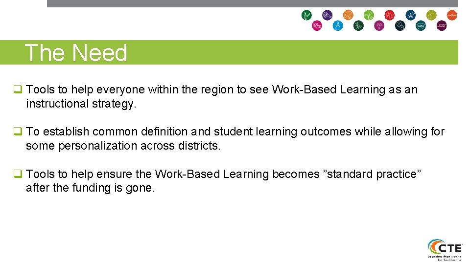 The Need q Tools to help everyone within the region to see Work-Based Learning