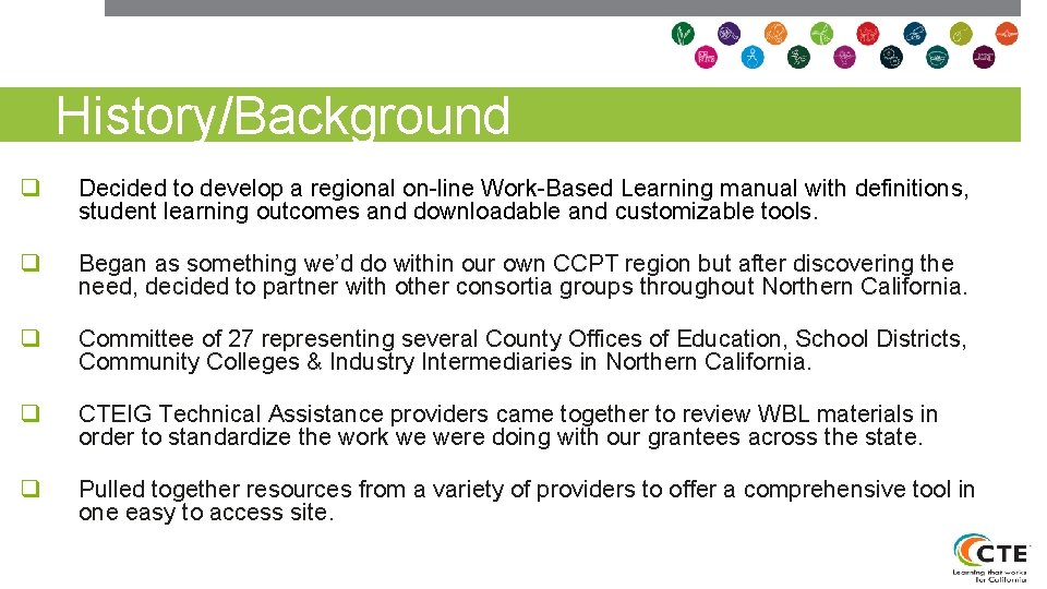 History/Background q Decided to develop a regional on-line Work-Based Learning manual with definitions, student