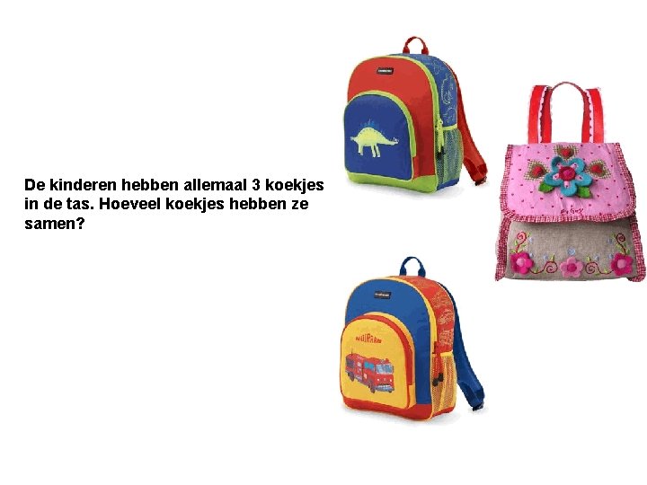 De kinderen hebben allemaal 3 koekjes in de tas. Hoeveel koekjes hebben ze samen?