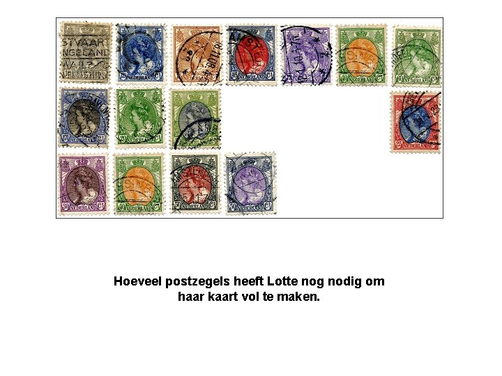 Hoeveel postzegels heeft Lotte nog nodig om haar kaart vol te maken. 