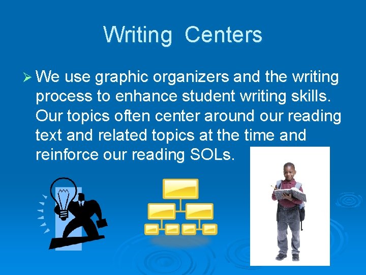 Writing Centers Ø We use graphic organizers and the writing process to enhance student
