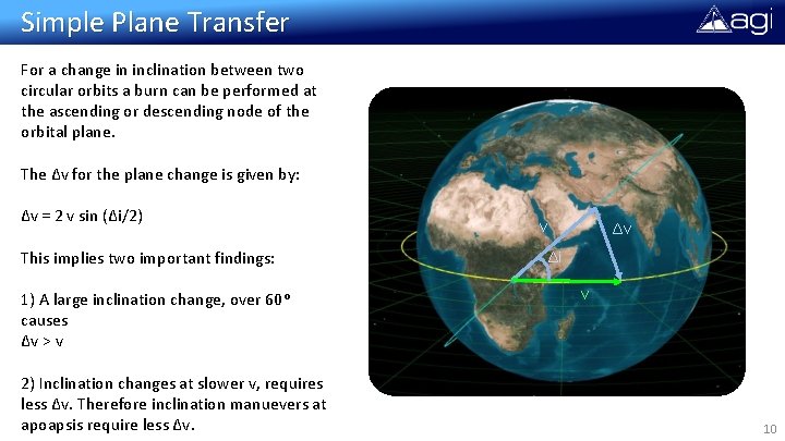 Simple Plane Transfer For a change in inclination between two circular orbits a burn