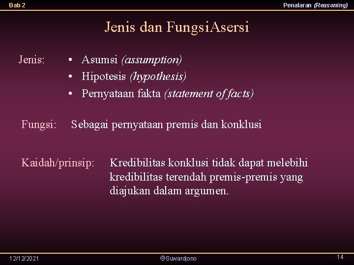 Bab 2 Penalaran (Reasoning) Jenis dan Fungsi. Asersi Jenis: • Asumsi (assumption) • Hipotesis