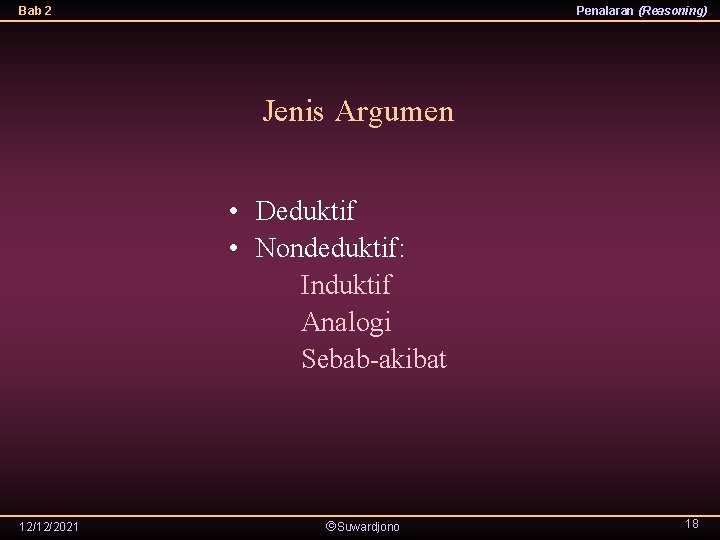 Bab 2 Penalaran (Reasoning) Jenis Argumen • Deduktif • Nondeduktif: Induktif Analogi Sebab-akibat 12/12/2021