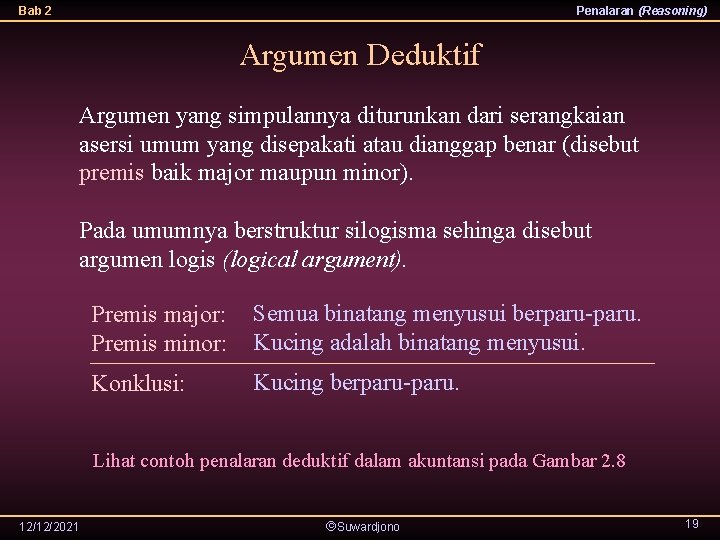 Bab 2 Penalaran (Reasoning) Argumen Deduktif Argumen yang simpulannya diturunkan dari serangkaian asersi umum