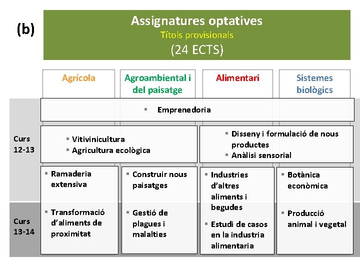 Assignatures optatives (b) Títols provisionals (24 ECTS) Agrícola Agroambiental i del paisatge § Curs