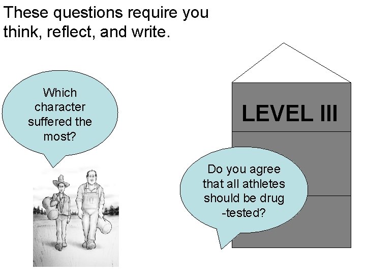 These questions require you think, reflect, and write. Which character suffered the most? LEVEL