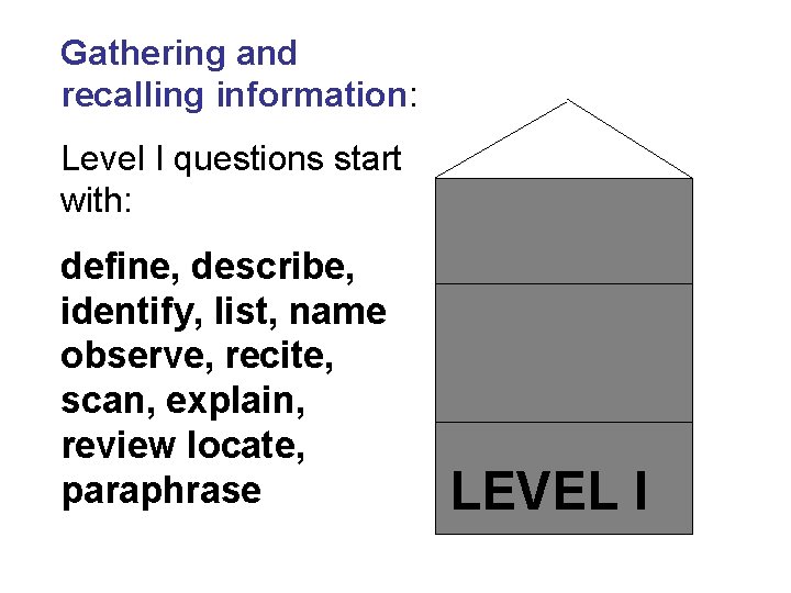 Gathering and recalling information: Level I questions start with: define, describe, identify, list, name