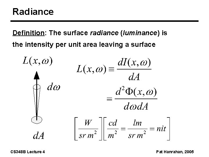 Radiance Definition: The surface radiance (luminance) is the intensity per unit area leaving a