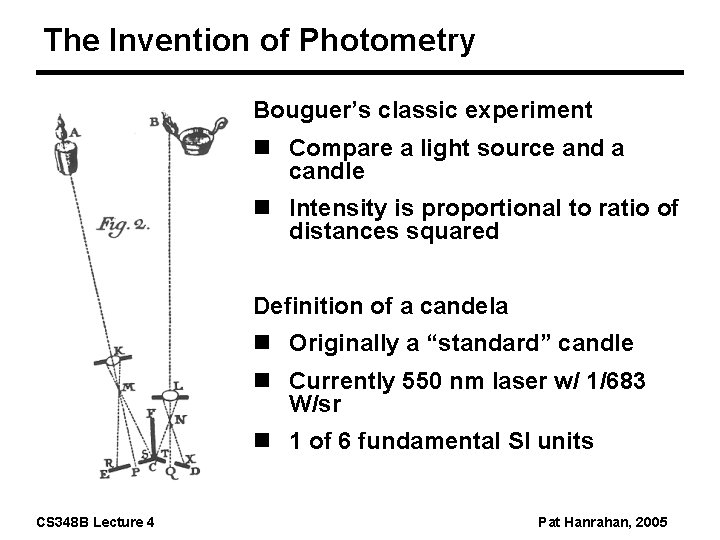 The Invention of Photometry Bouguer’s classic experiment n Compare a light source and a