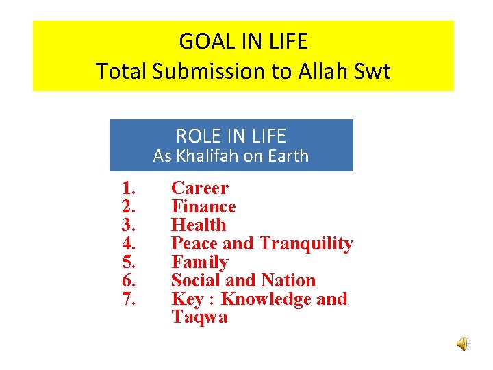 GOAL IN LIFE Total Submission to Allah Swt ROLE IN LIFE As Khalifah on