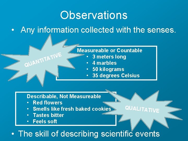 Observations • Any information collected with the senses. E IV T A T TI