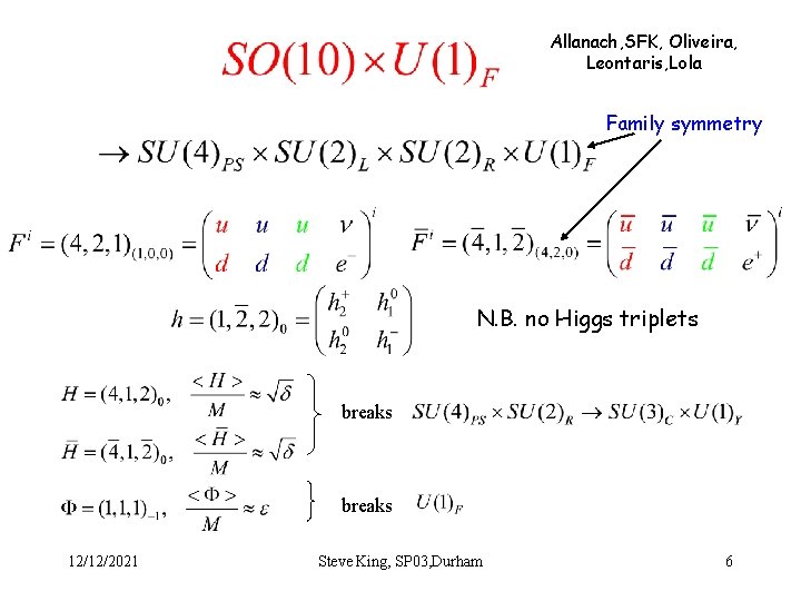 Allanach, SFK, Oliveira, Leontaris, Lola Family symmetry N. B. no Higgs triplets breaks 12/12/2021