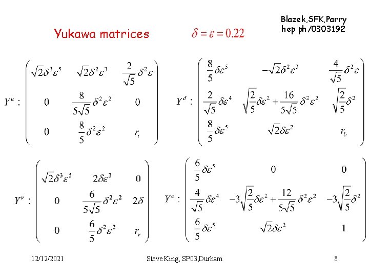 Yukawa matrices 12/12/2021 Steve King, SP 03, Durham Blazek, SFK, Parry hep ph/0303192 8