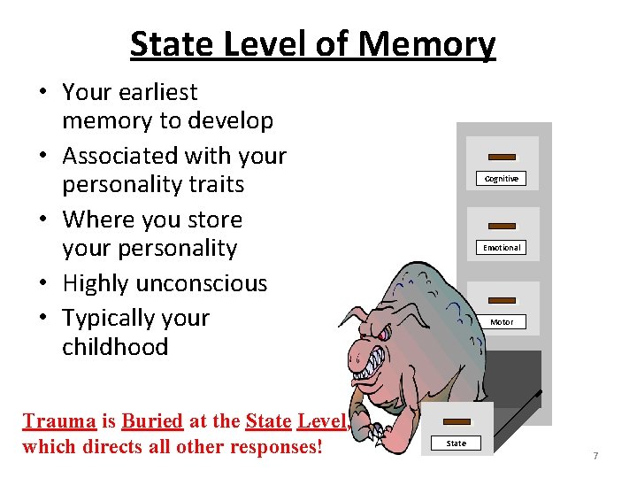 State Level of Memory • Your earliest memory to develop • Associated with your
